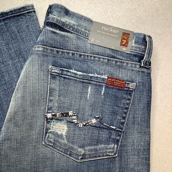 7 For All Mankind Jeans 30X35.5 SLIM Rocker Flare Vintage Enamel Stud Nakita NWT - Picture 3 of 4